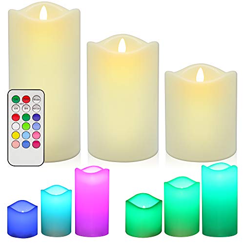 Product Cover LED Flameless Candles, ANKO Multi Color Changing Battery Operated; Ivory Wax Melted Edges Candles with Timer and Remote Control (Set of 3)