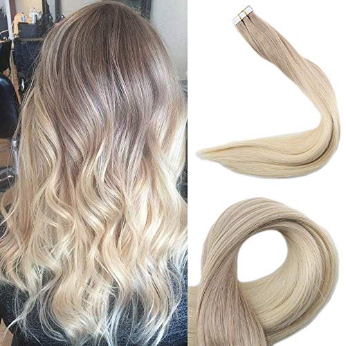 Product Cover Full Shine 14 Inch Ombre Balayage Tape In Hair Extensions Human Hair Color 18 Ash Blonde Fading To 60 Platinum Blonde Remy Straight Hair 20 Pieces 50 Gram