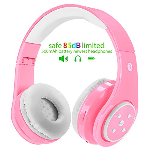 Product Cover Kids Wireless Bluetooth Headphones Volume Limited 85db Stereo Sound Over-Ear Foldable Lightweight Children Headphones with Mic SD Card Slot up to 6-8 Hours Play time for Boys Girls Adults (Pink)