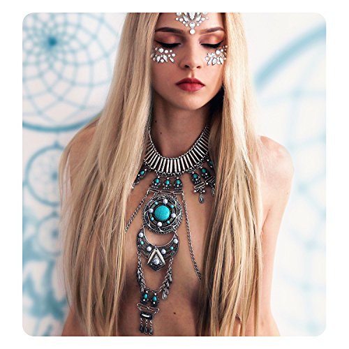 Product Cover KissYan Boho Statement Turquoise Necklace Dancer Necklace Crossover Harness Bikini Waist Belly Sexy Body Chains for Women