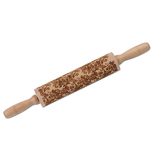 Product Cover Christmas Wooden Rolling Pins,Evermarket Engraved Embossing Rolling Pin with Christmas Flower Pattern for Baking Embossed Cookies,Cute Rolling Pin Kitchen Tool for Kids and Adults
