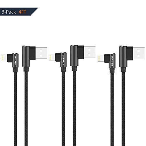 Product Cover 3 Pack Right Angle Fast Charging Cable Nylon Braided USB Data Cord 90 Degree Elbow Charging Cord for Long Lasting Game Video Watching for Apple Devices,Black