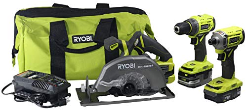 Product Cover Ryobi P1837 18V One+ Cordless Brushless 3 Tool Combo Contractor Kit (9 Pieces: Drill/Driver, Impact Driver, Circular Saw, 7-1/4 in Blade, Blade Wrench, Charger, 2.0 & 3.0 Ah Batteries, Bag)