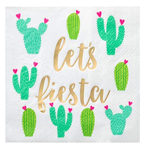 Product Cover Cocktail Napkins - 50-Pack Let's Fiesta Disposable Paper Napkins, 3-Ply, Fiesta, Cinco de Mayo, Mexican Party Decoration Supplies, Cactus Prints and Gold Foil Text, Folded 5 x 5 Inches