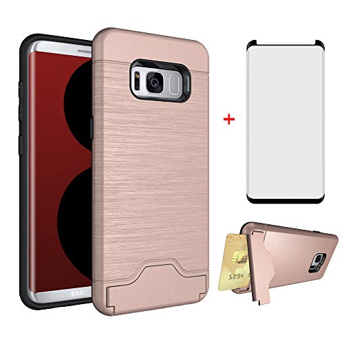Product Cover Phone Case for Samsung Galaxy S8 Plus with Tempered Glass Screen Protector Cover Credit Card Holder Slim Hard Wallet Kickstand Cell Accessories Glaxay S8plus S 8 8plus 8S Edge S8+ SM-G955U Women Pink
