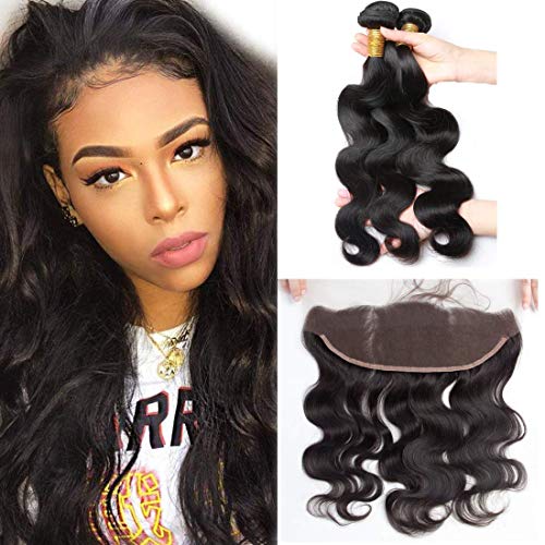 Product Cover ALIMICE Brazilian Body Wave 13x4 Ear to Ear Lace Frontal Closure with 3 bundles Virgin Human Hair Bundles Natural Color (16 18 20 + 14 frontal)