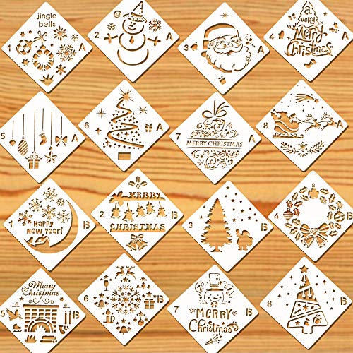 Product Cover Konsait 16Pack Christmas Stencils Templates, Reusable Plastic Craft Drawing Painting Template, Xmas Stencils for Greeting Cards, Albums, Scrapbook, Notebook, Journal, Wall Art Wood, Face Cookie Home Decor