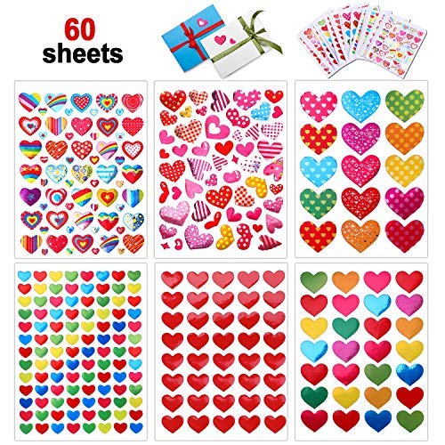 Product Cover Konsait 60 Sheets Valentine Heart Stickers Love Decorative Sticker for Kids Envelopes Cards Craft Scrapbooking for Great Party Favors Gift Prize Class Rewards Award Praise (3000+ Colorful Heart)
