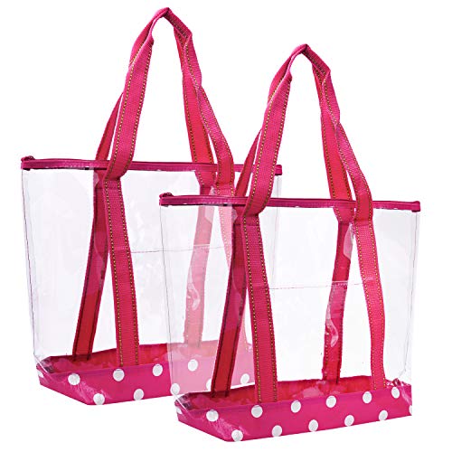 Product Cover VENO 2 Packs Large Clear Bag, Transparent Vinyl PVC Tote Bag, Long Shoulder Handbag with Zipper Closure for Stadium, Event, Outdoor, Beach, Pool, Work, Sports Games, Shopping, Grocery (PNK)