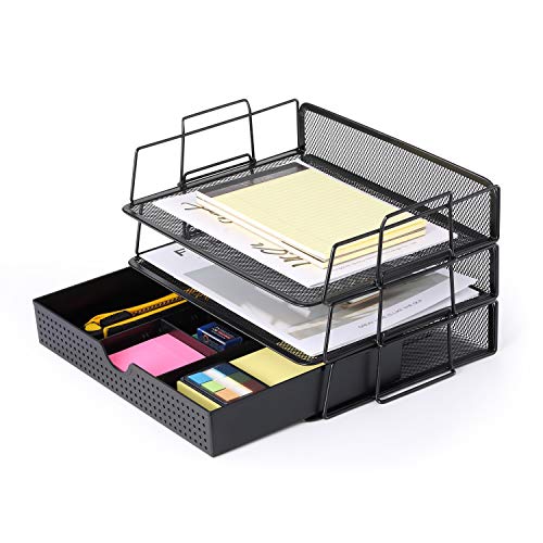 Product Cover CAXXA 3 Pack Stackable Mesh Tray Desktop Organizer with Adjustable Drawer Organizer Document Letter Paper File Tray Sorter | Office and Home, Black