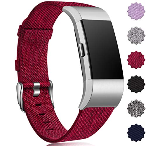Product Cover Maledan Bands Compatible with Fitbit Charge 2 and Charge 2 SE Fitness Activity Tracker for Women Men, Durable Woven Fabric Watch Band Replacement Accessories Strap Wristband, Large, Wine Red