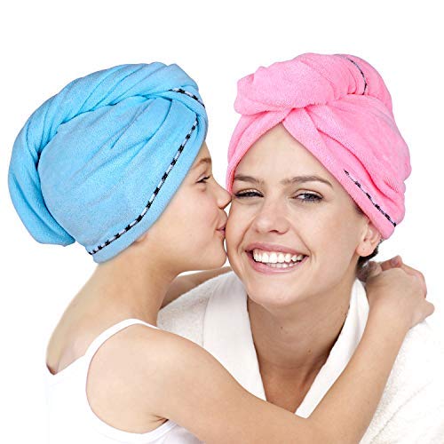 Product Cover Microfiber Hair Towel Wrap 2 Pack -Hair Turban Head Wrap with Button, Quick Dry -Super Absorbent for Long & Curly Hair, Anti-Frizz -Bath Artifact for Women Girls Mom Daughter