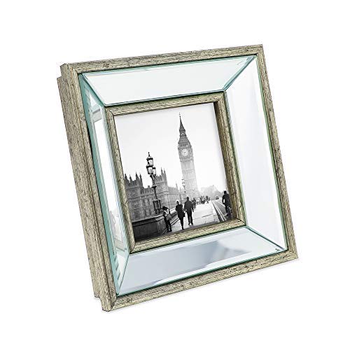 Product Cover Isaac Jacobs 4x4 Silver Beveled Mirror Picture Frame - Classic Mirrored Frame with Deep Slanted Angle Made for Wall Décor Display, Photo Gallery and Wall Art (4x4, Silver)