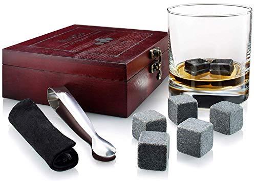Product Cover Gift Set of 8 Whiskey Chilling Stones [Chill Rocks] - in Premium Wooden Gift Box with Stainless Steel Tongs and Velvet Carrying Pouch - Made of 100% Pure Soapstone - by Quiseen