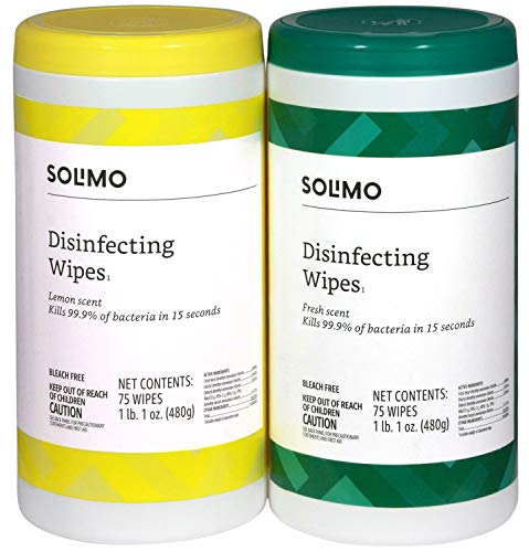 Product Cover Amazon Brand - Solimo Disinfecting Wipes, Lemon Scent & Fresh Scent, 75 Wipes Each (Pack of 2)