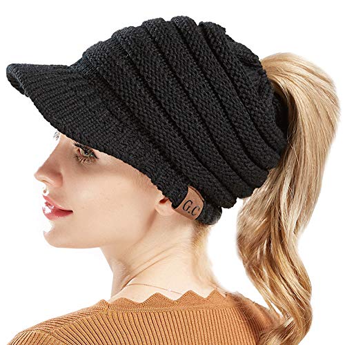 Product Cover Ponytail Beanie Hat for Women Beanie Tail Warm Winter Knit Messy High Bun Ponytail Visor Brim Beanie Cap