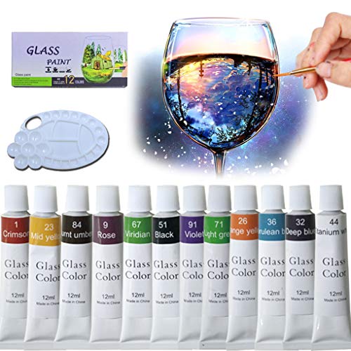Product Cover iMustech Glass Paint Set 12 Colors Non-Toxic Craft Porcelain Paint with Palette, Transparent Stained Glass Ceramic Window Paint Kit for Wine Glass Bottle Light Bulbs Plastic Ornaments(0.4 fl.oz/Tube)