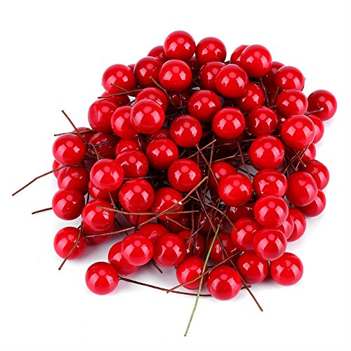 Product Cover Artificial Holly Berry Stems Crafts Christmas Tree Decoration Hanging Floral Ornaments (Red, 100 pcs)
