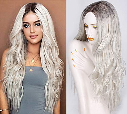 Product Cover IStunning hair Platinum Blonde: Long Curly Wavy Wig Platinum Blonde Wig Synthetic Ombre Color Wig 28 Inch Middle Parting Wig For Women Daily Party Full Wigs