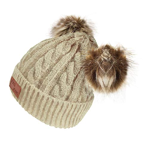Product Cover Infant Toddler Beanie Woolen Hat Pure Color Winter Twist Double Pom Pom Wool Knitted Cap for 0-3 Years Old
