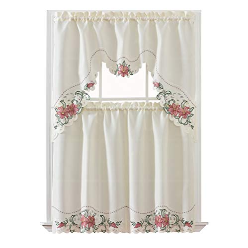 Product Cover GOHD Golden Ocean Home Decor Lily Fragrance. 3pcs Multi-Color Embroidery Kitchen Cafe Curtain Set Swag and Tiers Set with cutworks. (Burgundy)