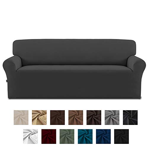 Product Cover Easy-Going Fleece Stretch Sofa Slipcover - Spandex Non-Slip Soft Couch Sofa Cover, Washable Furniture Protector with Anti-Skid Foam and Elastic Bottom for Kids, Pets(Sofa, Dark Gray)