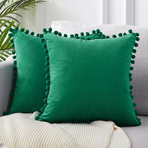 Product Cover Top Finel Decorative Throw Pillow Covers with Pom Poms Soft Particles Velvet Solid Cushion Covers 18 X 18 for Couch Bedroom Car, Pack of 2, Dark Green