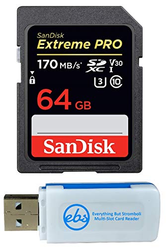 Product Cover SanDisk 64GB SDXC Extreme Pro Memory Card Bundle works with Olympus OM-D E-M10 Mark II, PEN E-PL9 Mirrorless Camera 4K V30 (SDSDXXY-064G-GN4IN) plus (1) Everything But Stromboli (TM) Combo Card Reader