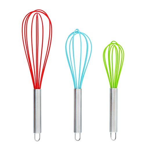 Product Cover Set of 3 Multi-Color Silicone whisks with stainless steel handles. Milk & Egg Beater Balloon Metal Whisk for Blending, Whisking, Beating and Stirring. Whisks for cooking by Dragonn. (Multi Color)