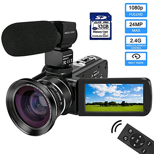 Product Cover Video Camera 1080P Camcorder with IPS Touch Screen with External Microphone MELCAM Digital YouTube Vlogging Camera with Wide Angle Lens, Remote Control, 32GB SD Card IR Night Vision