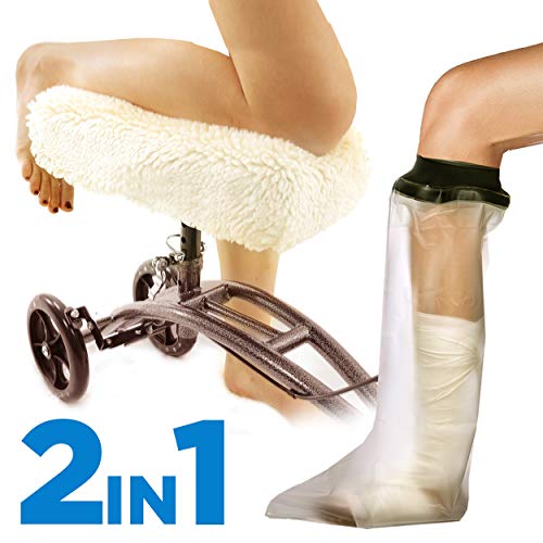 Product Cover Colux Knee Walker Pad Cover + Watertight Cast and Bandage Protector | Plush, Synthetic, Faux Sheepskin Scooter Washable Cushion for Knee Roller & Adult Foot Protection in Shower (Off White)