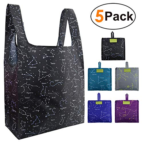 Product Cover Grocery Bags Shopping Reusable Foldable Totes Constellation 5 Pack Ripstop Navy Bags Bulk 50LBS Large Cute Bags Eco Friendly Fabric Sturdy Washable Waterproof Black Teal Gray Purple Navy