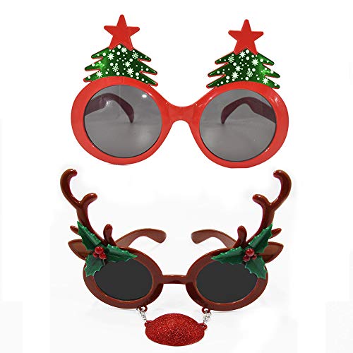 Product Cover Christmas Sunglasses Props, 2 Pack Cartoon Reindeer Xmas Tree Eyeglasses Costume Glasses for New Year Party Favors Ornaments Gift