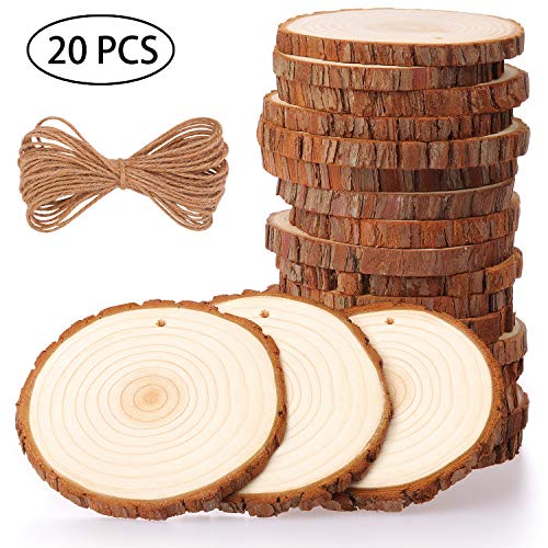 Product Cover Fuyit Natural Wood Slices 20 Pcs 3.5-4 Inches Craft Wood Kit Unfinished Predrilled with Hole Wooden Circles Tree Slices for Arts and Crafts Christmas Ornaments DIY Crafts