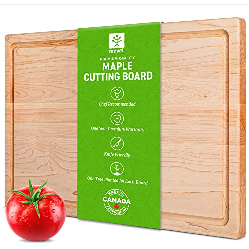 Product Cover Maple Cutting Board by Mevell - Premium Large Cutting Board for Kitchen -Reversible 17x11 with Juice Groove, Made in Canada