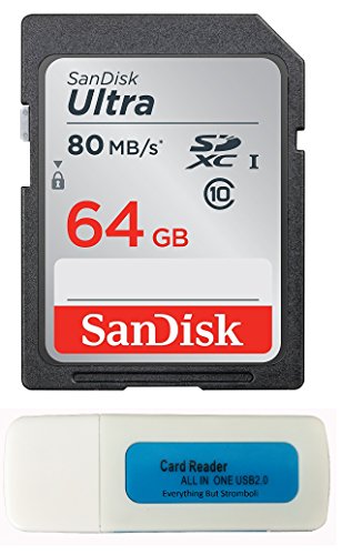 Product Cover SanDisk 64GB SDXC SD Ultra Memory Card Bundle Works with Canon Powershot ELPH 180, 190 is, SX420 is, SX610 HS Camera UHS-I (SDSDUNC-064G-GN6IN) Plus (1) Everything But Stromboli TM Combo Card Reader