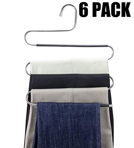 Product Cover CamsCorner Pants Hangers (6 Pack) - Non Slip Pants Hangers - S-Shaped - 5 Layers - 5 Levels Hangers - Anti-Slip Closet Space Saver for Jeans Slacks Pants Scarf Ties Towels Clothes