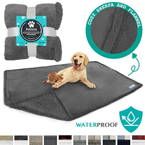 Product Cover PetAmi WATERPROOF Dog Blanket for Bed, Couch, Sofa | Waterproof Dog Bed Cover for Large Dogs, Puppies | Grey Sherpa Fleece Pet Blanket Furniture Protector | Reversible Microfiber | 80 x 55 (Gray/Gray)