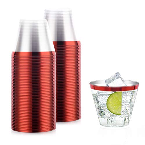 Product Cover 100 pack Elegant Red Gold rimmed clear plastic disposable cups ~ Fancy party glasses, wedding cocktail cup ~ 9 Oz. golden red Old Fashioned Tumblers ~ wine and champagne welcome