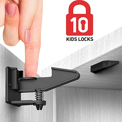 Product Cover Kitchen Cabinet Locks Child Safety - 10 Pack Adhesive Child Proof Cabinet Locks - Baby Safety Cabinet Locks - Child Locks for Cabinets and Drawers - Corner & Door Guards, Socket Covers - E-Book Story