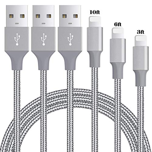 Product Cover iPhone Cables - Quntis MFI Certified Lightning to USB Cable 3Pack 3FT 6FT 10FT Nylon Braided Fast Charging Cord for iPhone Xs Max XR 8 Plus 7 Plus 6S Plus SE 5S 5 iPad iPod Nano 7 and More - Gray