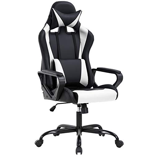 Product Cover High-Back Gaming Chair PC Chair Computer Racing Chair PU Desk Task Chair Ergonomic Executive Swivel Rolling Chair with Lumbar Support for Back Pain Women, Men (White)