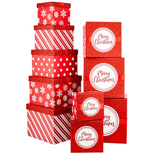 Product Cover Christmas Nesting Gift Boxes Red and White Box With Glitter & Ribbon For Xmas Gifts and Holiday Party Decor Set of 10 Assorted Sizes of Extra Small, Small, Medium, Large and X-Large