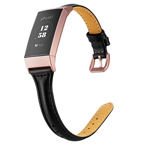 Product Cover Wearlizer Compatible with Charge 3 Bands for Women Slim Leather Replacement Charge hr 3 Special Edition Rose Gold Band Assesories Strap Black