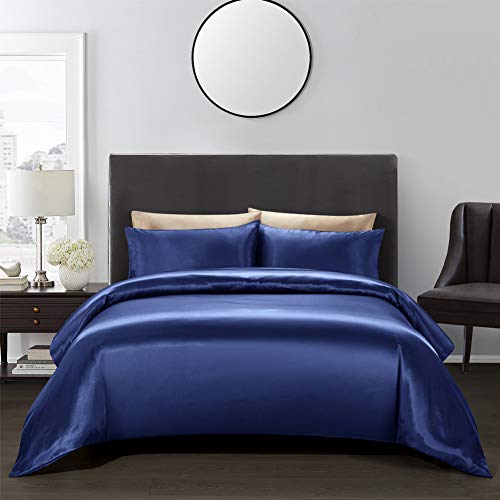 Product Cover AiMay 3 Piece Duvet Cover Set (1 Duvet Cover + 2 Pillow Shams) Satin Silk Luxury 100% Super Soft Microfiber Honeymoon Sexy Bedding Collection (King, Royal Blue)