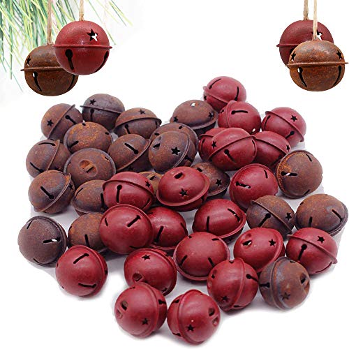 Product Cover 40 Pcs Christmas Rusty Jingle Bells Country Primitive Farmhouse Red Tin Bells Sleigh for Christmas Tree Ornament, Holiday or Everyday Hanging Crafting and Embellishing Two Colors