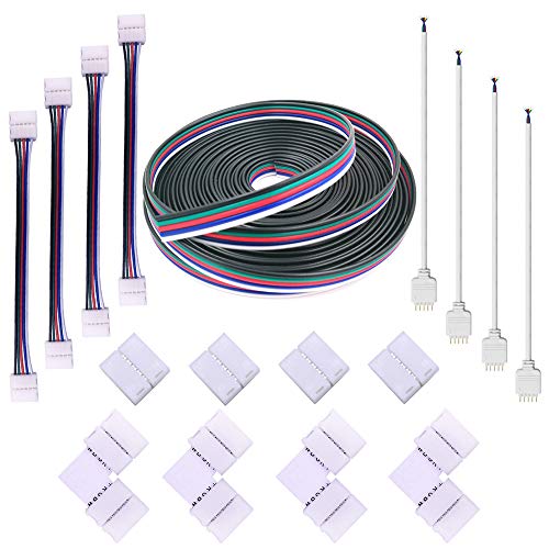 Product Cover FSJEE 12MM 5PIN LED Strip Connector Kit with 16.4FT Extension Cable,4PCS Gapness Connectors,5 pin Male Connector Wire Cable,L-Shape Connectors,Strip to Strip Jumpers for 5050 RGBW LED Strip Lights