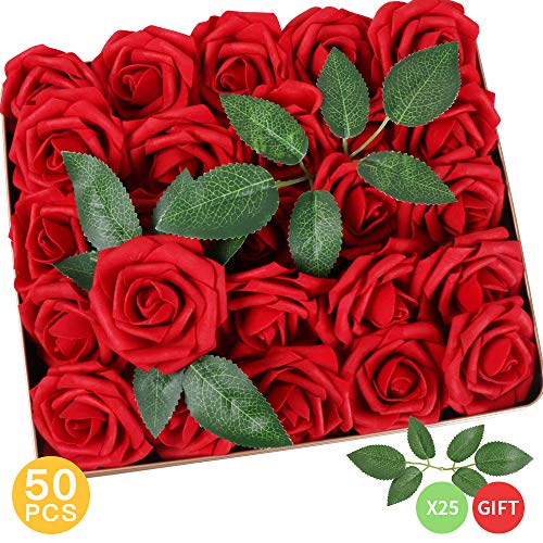 Product Cover AmyHomie Pack of 50 Real Looking Artificial Roses w/Stem for DIY Bouquets Centerpieces Arrangements Party Baby Shower Home Decorations (red)