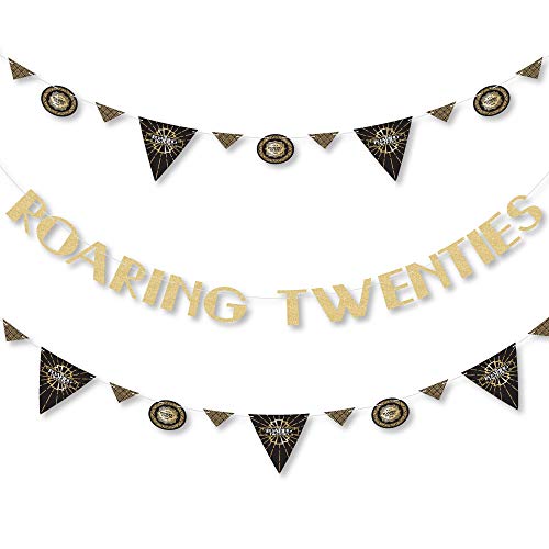 Product Cover Roaring 20's - 1920s Art Deco Jazz Party Letter Banner Decoration - 36 Banner Cutouts and No-Mess Real Gold Glitter Roaring Twenties Banner Letters - 2020 New Year's Eve Party