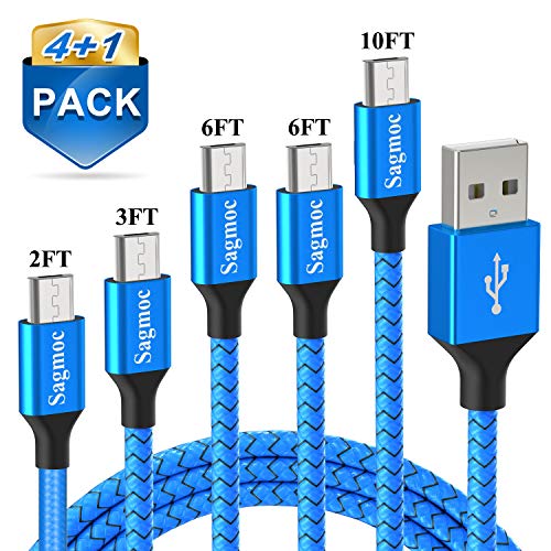 Product Cover Micro USB Cable Blue Android Charger Cord - Sagmoc Update Premium Charging Cord Nylon Braided【4+1 Pack】 10FT 2x6FT 3FT 2FT for Samsung, Nexus, LG, HTC, Nokia, Sony, Moto, HP, BlackBerry